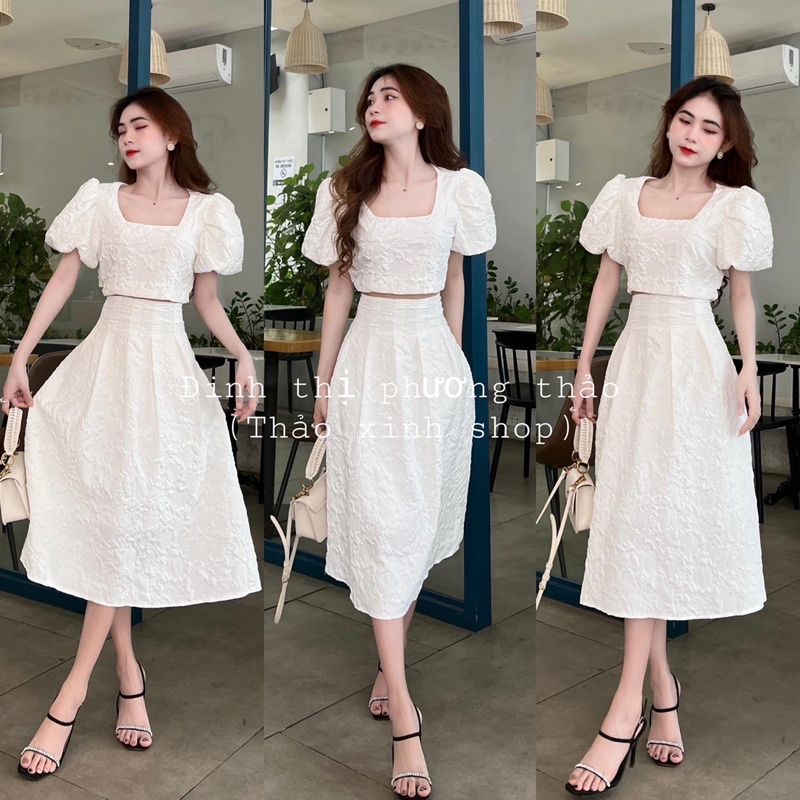 SET CỔ VUÔNG CRTOP MIX CHÂN VÁY MIDI GẤM HOA