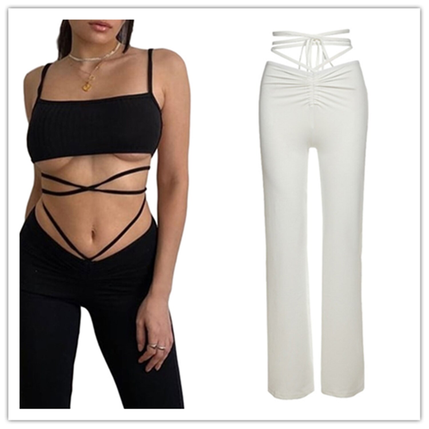 Quần Dài Ống Suông Rộng Cạp Cao Phối Dây Thời Trang Cho Nữ