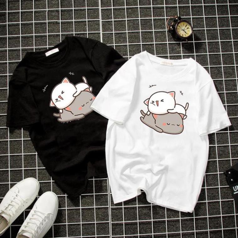 Áo thun form rộng unisex mèo và bạn dễ thương vải dày mịn 2019T22065
