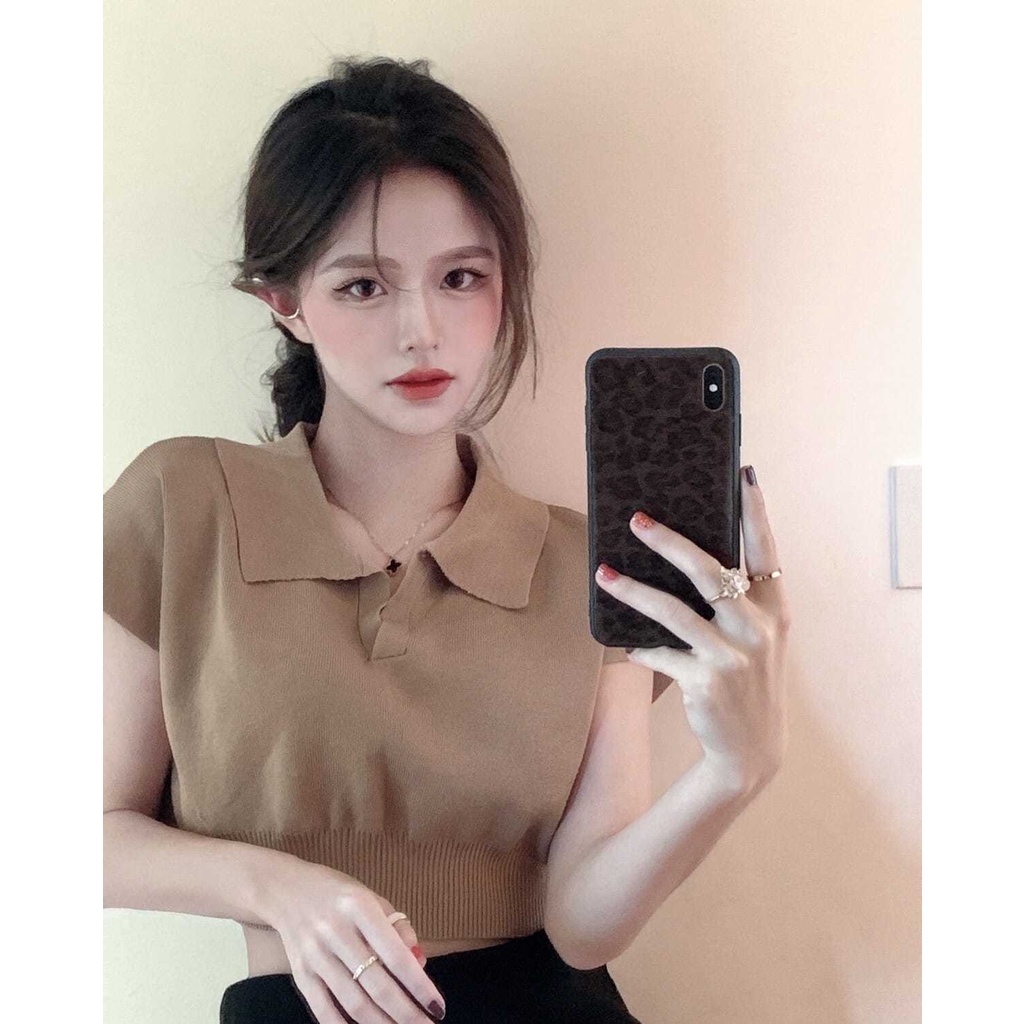 Áo Thun Dệt Kim Tay Ngắn Cổ Chữ V Màu Trơn Phong Cách Hàn Quốc Vintage Thời Trang Quyến Rũ Cho Nữ
