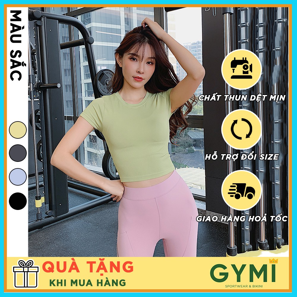 Áo tập gym yoga nữ GYMI AC12 dáng croptop ngắn tay ôm body chất dệt co giãn logo in lưng phù hợp tập thể thao