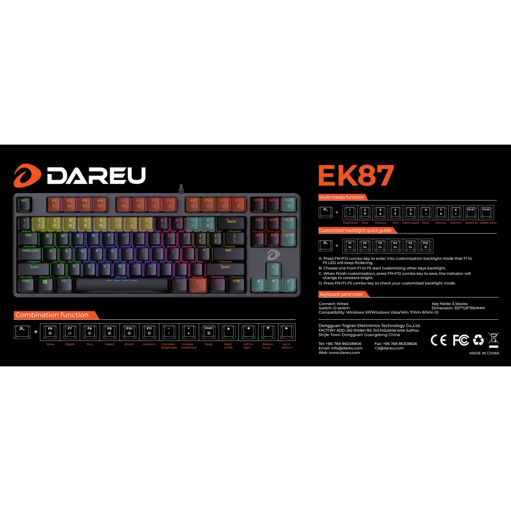 Bàn phím cơ Gaming DareU EK87 Black Multi LED - Hàng Chính Hãng