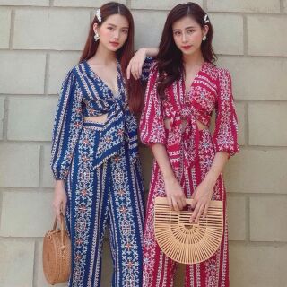 Sét thổ cẩm áo croptop cột nơ quần ống rộng