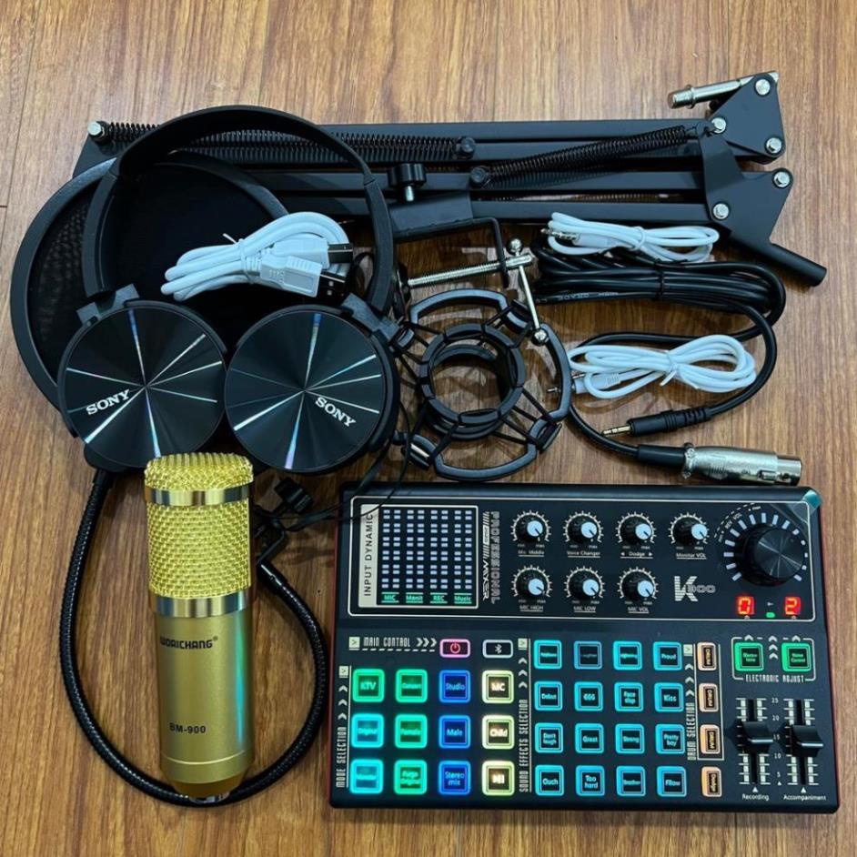 Combo Bộ míc thu âm BM900 và Card k300 bluetooth chuyên dụng hát live stream với đầy đủ chức năng chỉnh giọng âm thanh