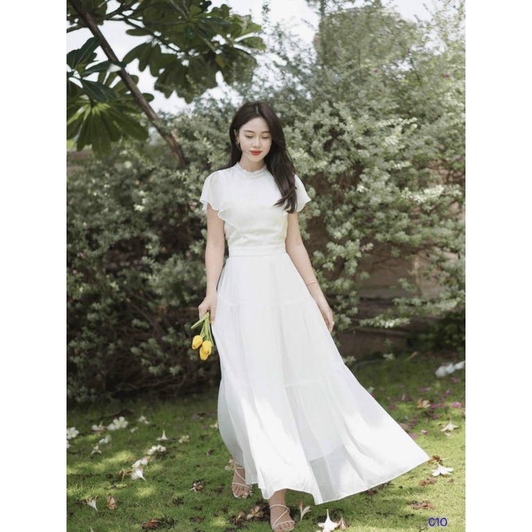 ĐẦM VOAN CHIFON CỔ CAO TAY NGẮN DÁNG XÒE ĐỘC LẠ PHONG CÁCH HÀN QUỐC MẶC LÀ MÊ UP