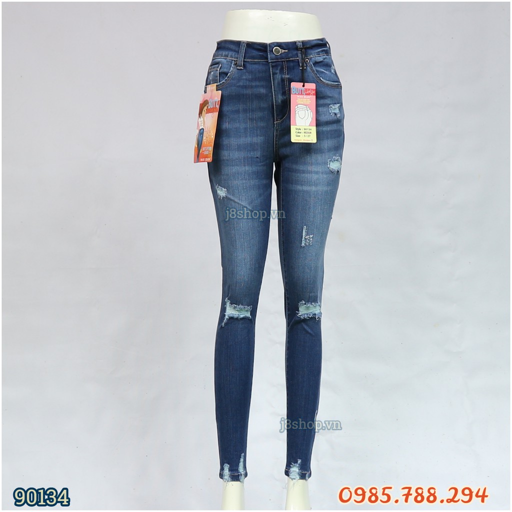 Quần Jean Nữ VNXK Dài Rách Đốm Lưng Cao Tua Lai Ms 134