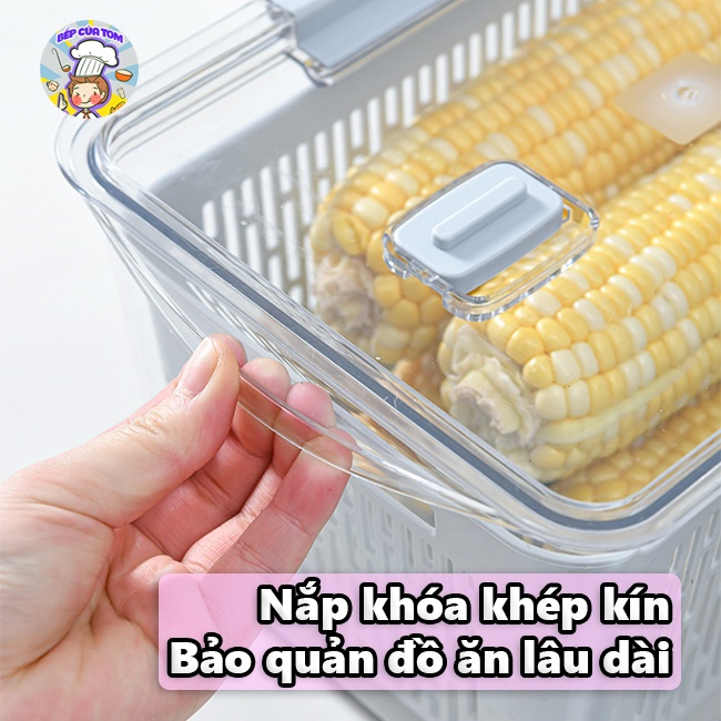Hộp Nhựa Đựng Thực Phẩm Tủ Lạnh Cao Cấp SHIMOYAMA Trong Suốt  Có Nắp 2 Lớp Có Lỗ Thoát Nước Khóa Thoát Khí