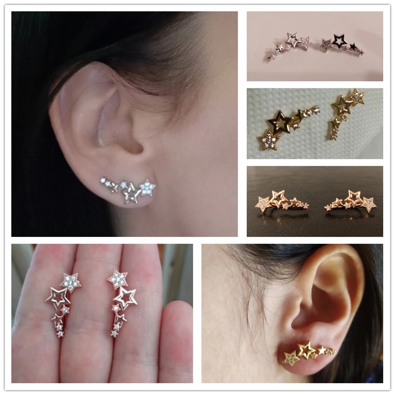 1 Đôi Khuyên Tai Kim Loại Đính Đá Hình Ngôi Sao / Trái Tim Mini Phong Cách Hàn Quốc Cho Nữ