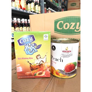 Set trà đào -gồm 1 hộp trà đào hòa tan cozy kèm 1 đào ngâm 820g