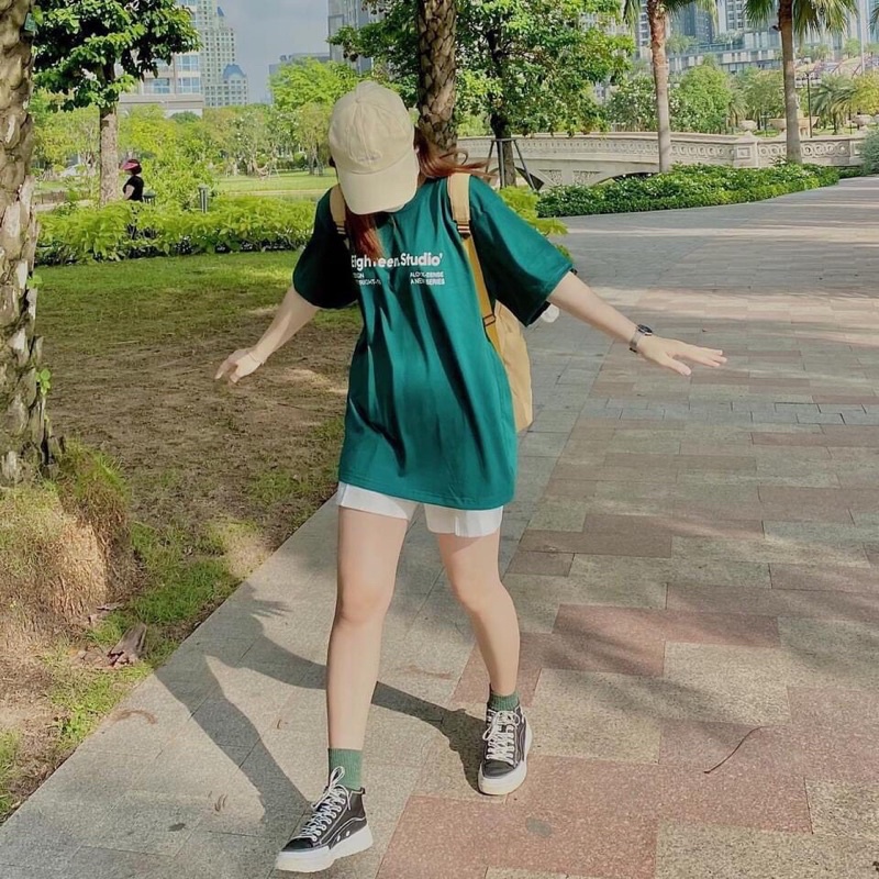 Set Đồ Áo Thun Tay lỡ EighteenBộ quần short đùi áo form rộng Unisex mặc ở nhà Ulzzang áo chất cotton quần kaki