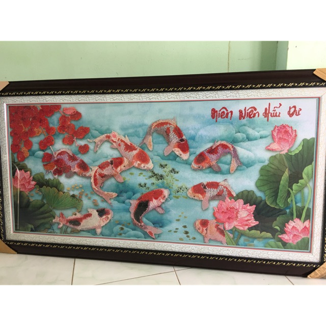 Tranh thêu chữ thập 9 con cá chép đã đóng khung 75x145