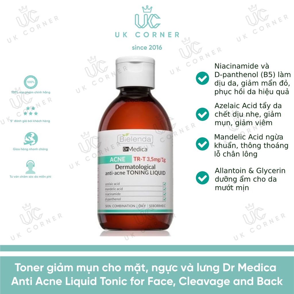 Toner giảm mụn cho mặt, ngực và lưng Dr Medica Anti Acne Liquid Tonic for Face, Cleavage and Back
