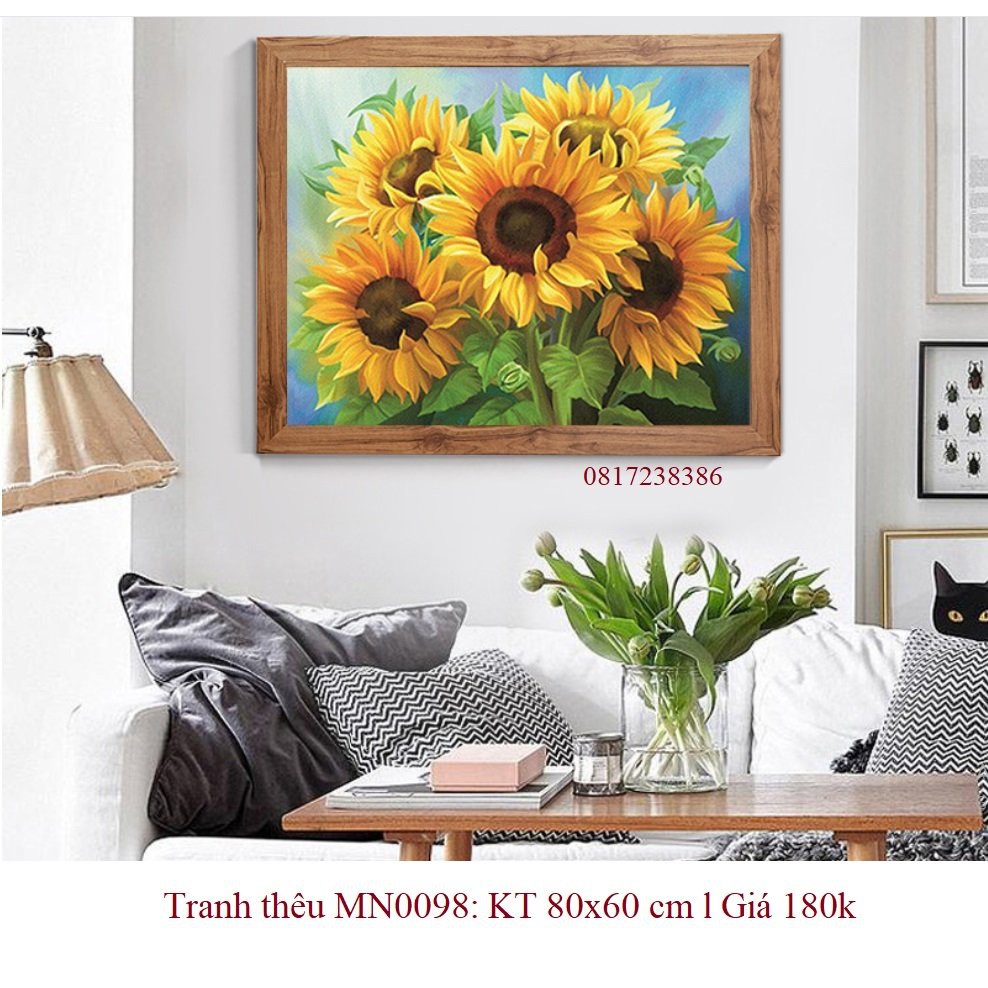 Tranh thêu chữ thập bình hoa hướng dương thêu kin Mn0098 (80 x 60 cm)