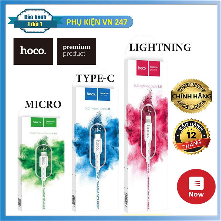 Cáp Sạc Nhanh 2.4A Hoco DU01 Lightning/Micro/Type-C Dây PVC Siêu Bền Truyền Dữ Liệu Tốc Độ Cao Dài 1M