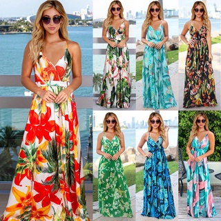Xuân Hè Thời Trang Mới Nữ Cổ Chữ V Không Tay Bohemian Hoa Sling Đầm Maxi