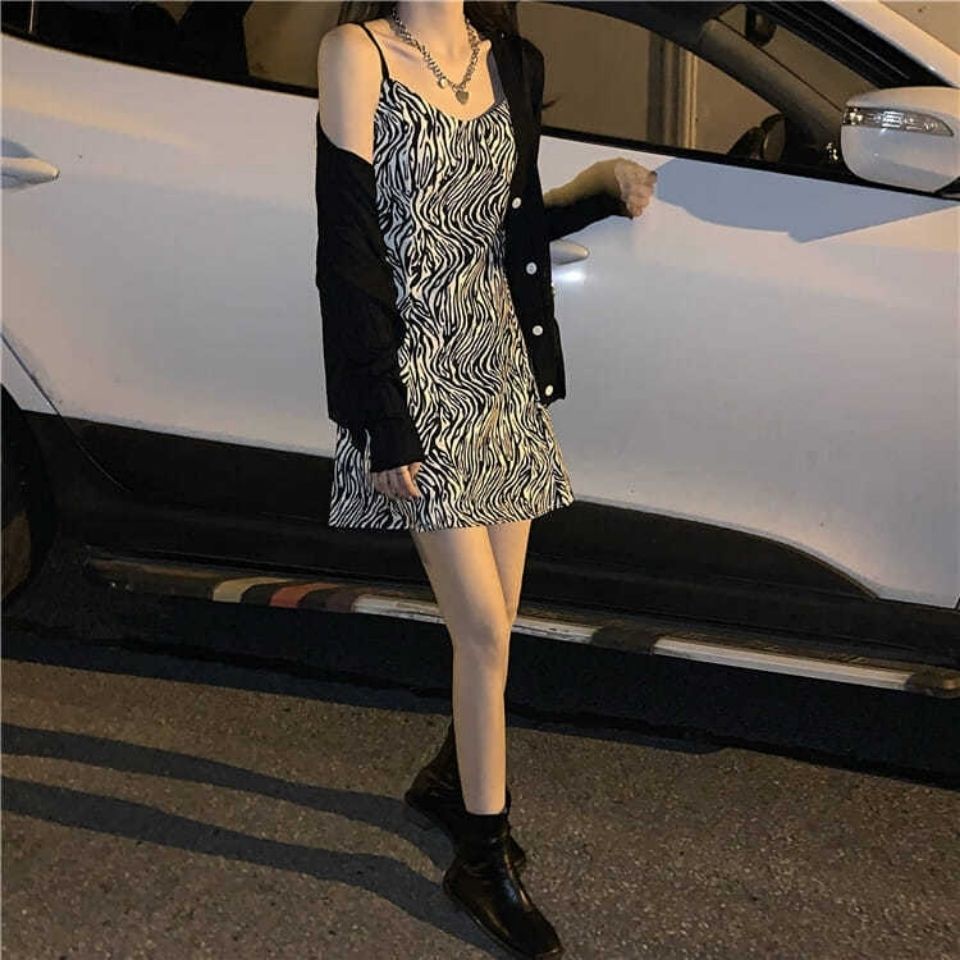 Bộ Áo Khoác Cardigan + Đầm Hai Dây Họa Tiết Ngựa Vằn Thời Trang Mùa Hè Dành Cho Nữ