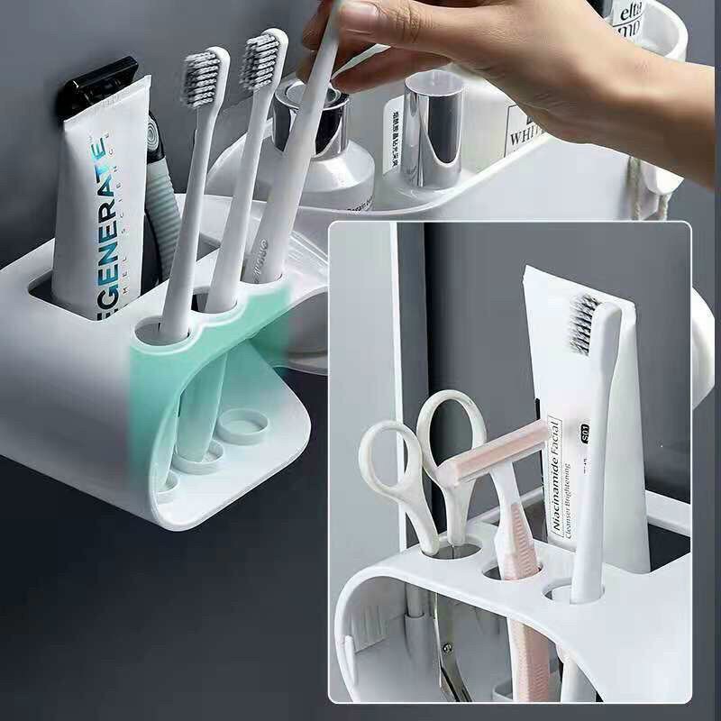 Gía để bàn chải - kem đánh răng KIỂU XOẮN kèm kệ đựng mỹ phẩm treo tường nhà tắm thông minh