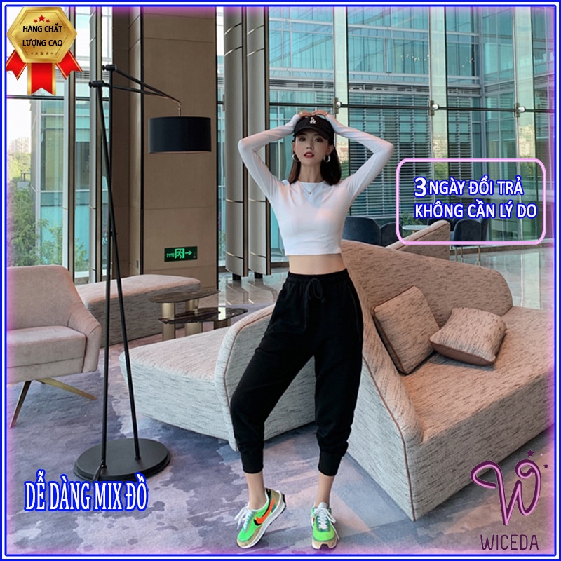Áo croptop tay dài dáng ôm ,áo thun gân 100% cotton chất mịn mát 2 màu đen trắng Wiceda CR 261. | BigBuy360 - bigbuy360.vn