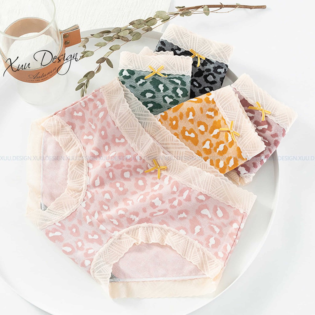 Quần Lót Cotton da báo phối ren nơ, chất liệu co dãn Xuu Design QC08