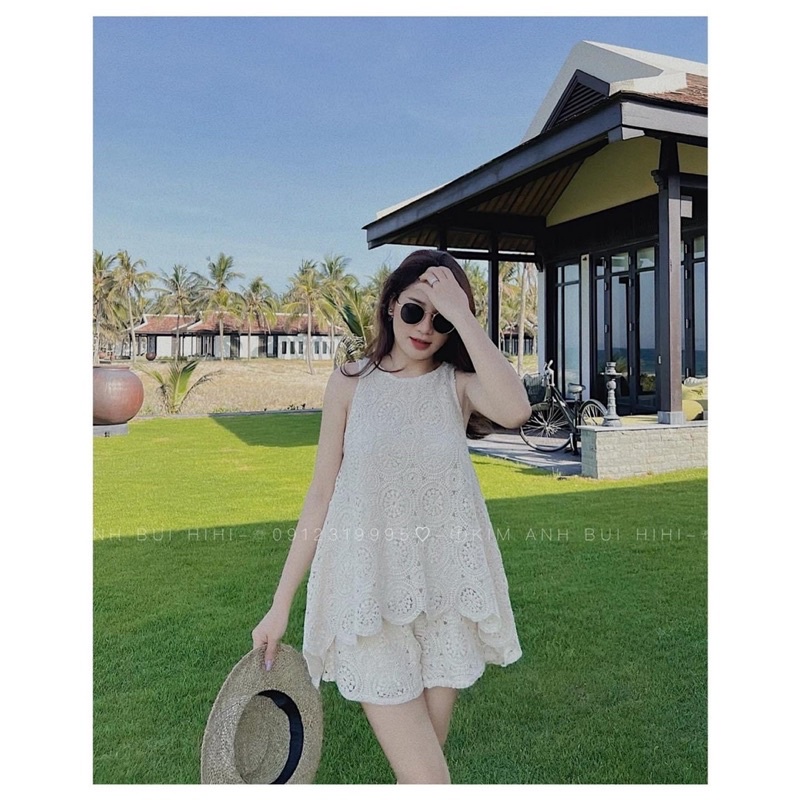 Set ren mềm đồng xu áo ba lỗ quần sooc Kim Anh Bùi( Hàng Sẵn)