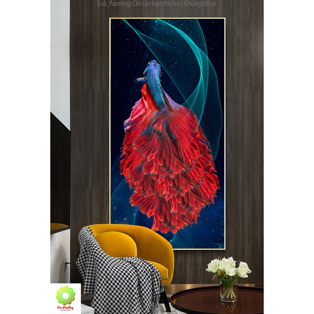 "Tranh cá chép hóa rồng" đẹp, sang trọng tranh cá treo tường đứng kích thước 35x70cm; 40x80cm;50x100cm;60x120cm có khung
