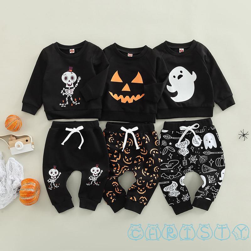 Cht-bộ Áo Hoodie Tay Dài Cổ Tròn In Hình Ma / Wry Face / Đầu Lâu + Quần Dài Cho Bé Trai Bé Gái Dịp Halloween