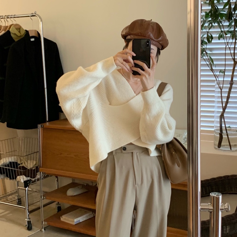 Áo len tay dài cổ chữ V thời trang dành cho nữ