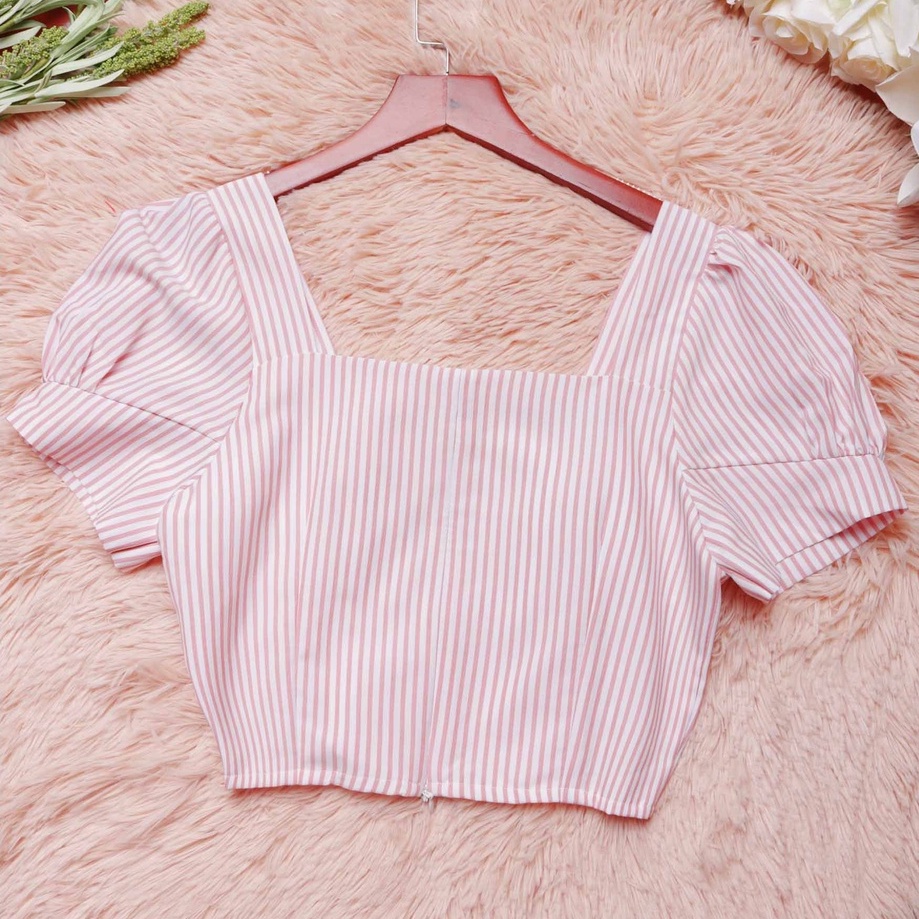 Áo croptop hồng xinh kẻ sọc thiết kế khoe eo thon dễ phối đồ - Thời trang Lux W