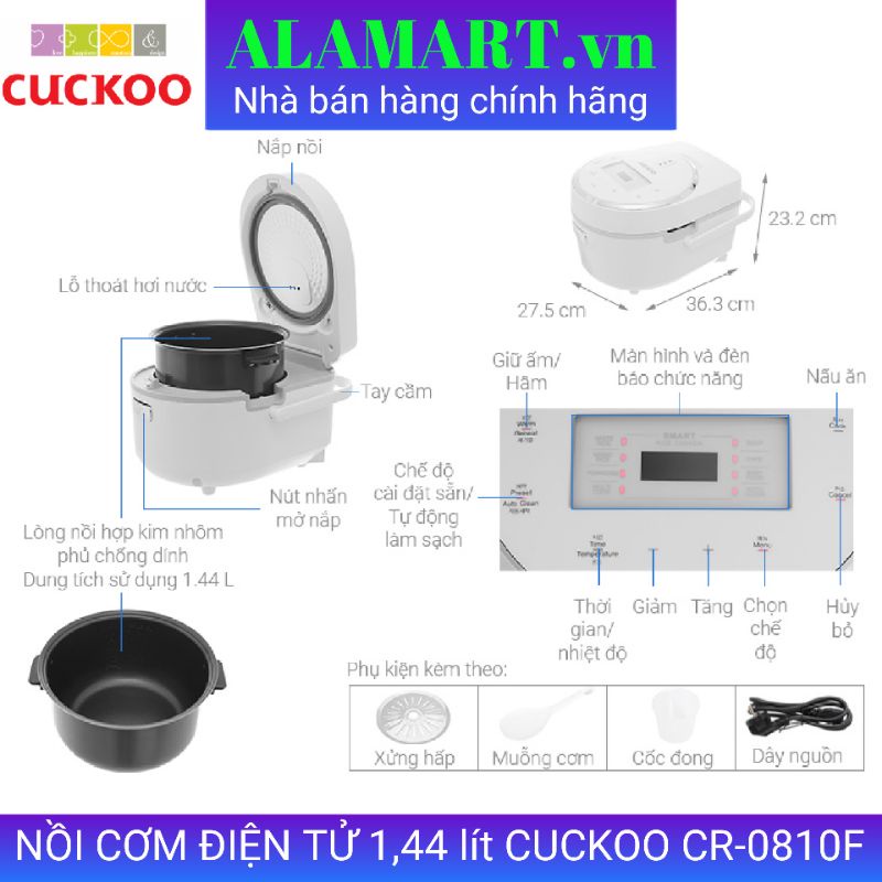 NỒI CƠM ĐIỆN TỬ CUCKOO CR-0810F 1.44L 2 - 6 người 0.8 kg gạo