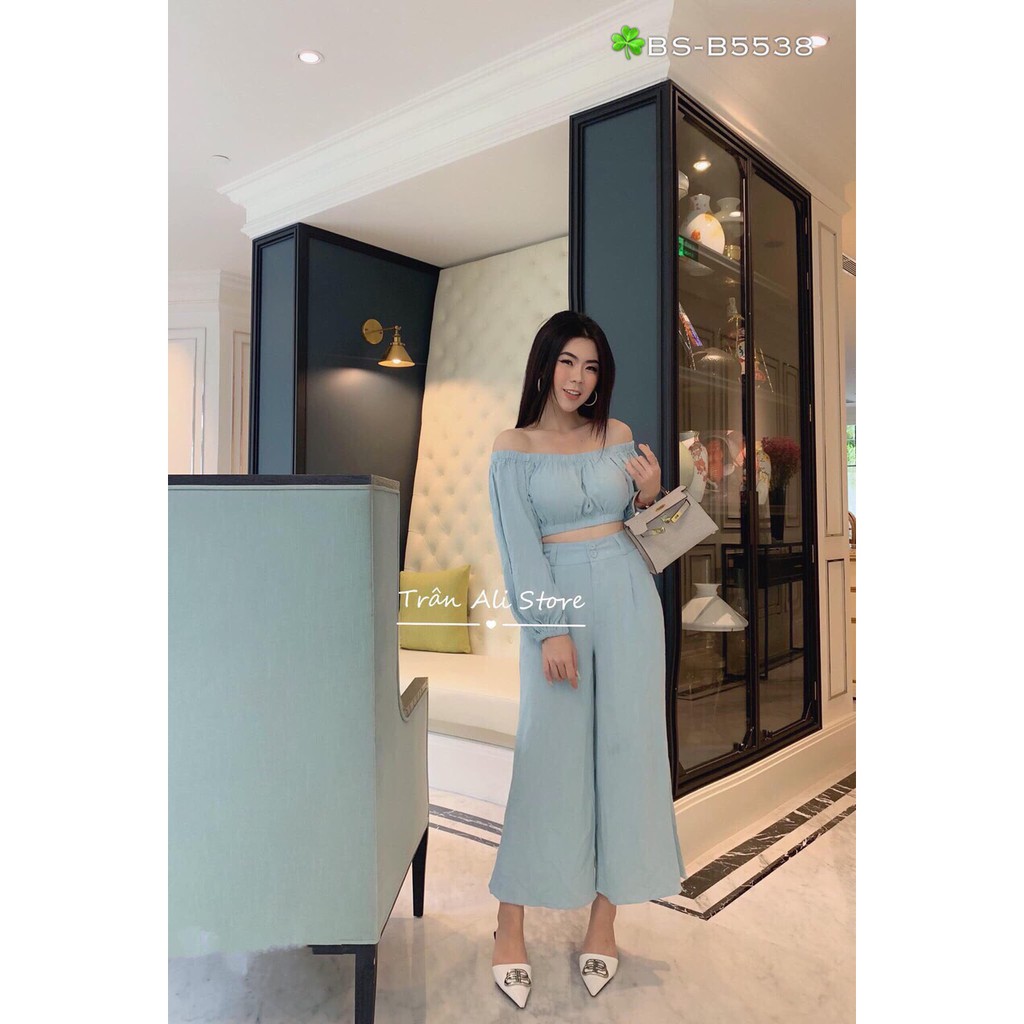 Sét Áo Voan Kiểu Bẹt Vai Form Croptop Kết Hợp Quần Dài Ống Rộng Duyên Dáng TTS1011