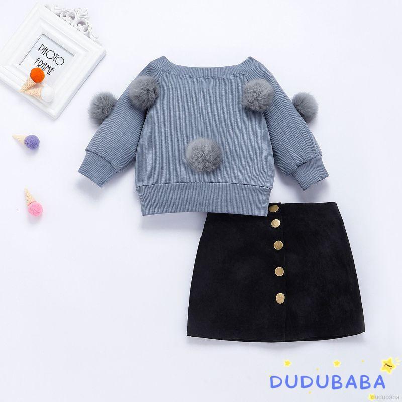Set áo len dài tay cổ tròn + chân váy ngắn đáng yêu cho bé gái