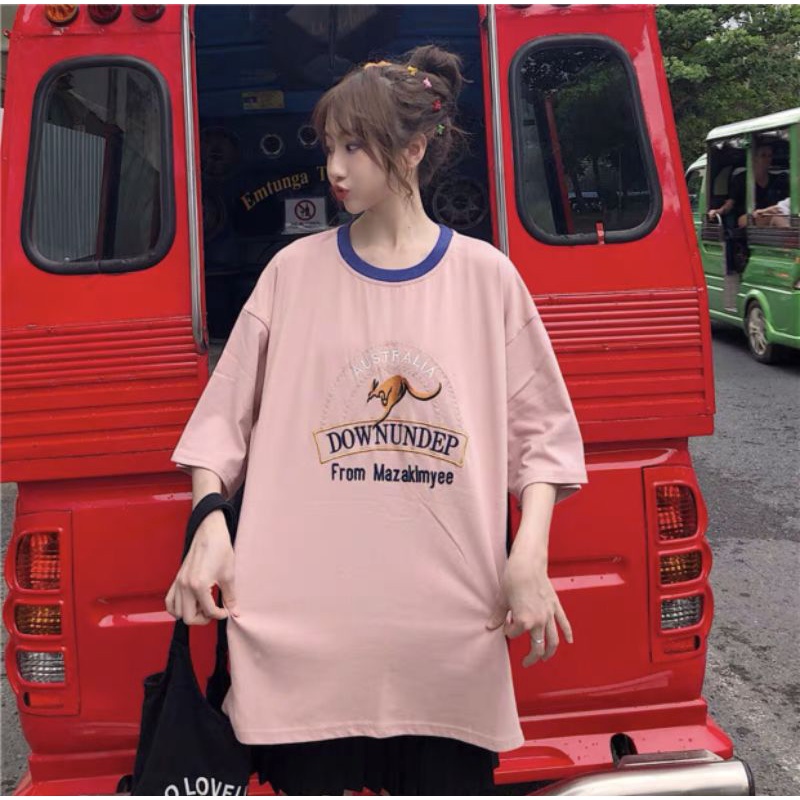 Áo phông rộng unisex thêu kanguru, áo thun phom rộng tay lỡ giấu quần freezise