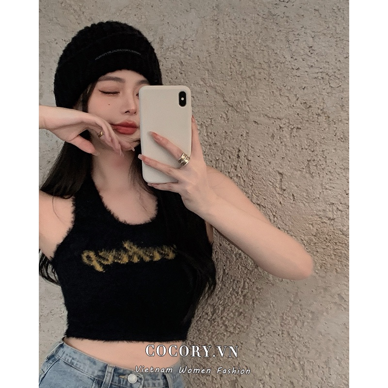 Cocory vn  Áo Croptop Dệt Kim Hai Dây In Chữ Dáng Ôm Gợi Cảm Cho Nữ