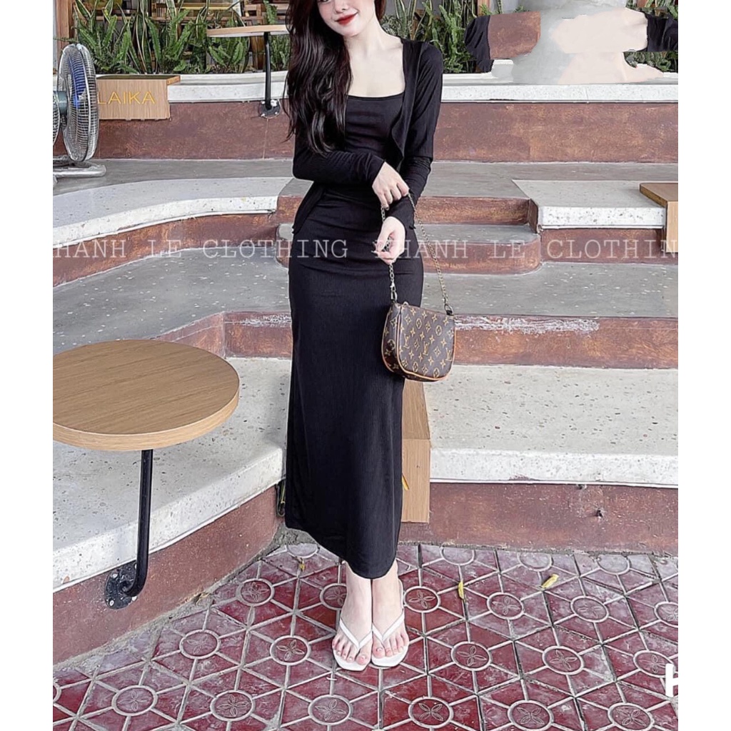 Set đầm hai dây maxi kèm áo khoác dài tay 2 màu ĐEM- XÁM chất thun gân dày dặn FREESIZE DƯỚI54KG MIDORI247