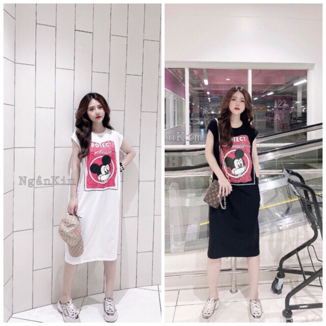 [vayxuong]ĐẦM SUÔNG COTON NỮ CHUỘT MICKY in chữ “ROCTEC”