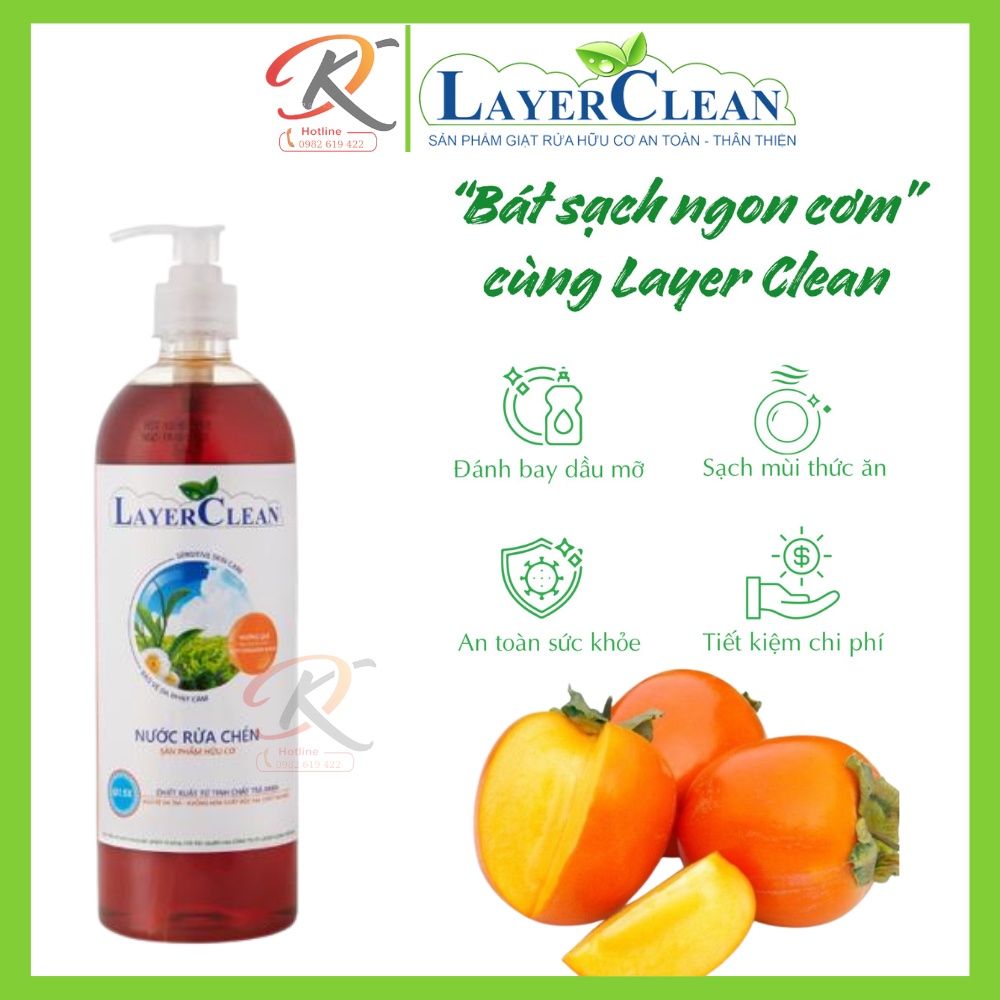 Nước rửa chén bát hữu cơ Layer Clean 800ml - Hương Quế, Hương quả hồng, Hương quýt - Tặng miếng mút cọ rửa