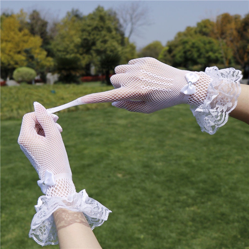 Women Black White Summer Uv-proof Driving Gloves Mesh Fishnet Gloves Lace Full Finger Girls Lace Fas