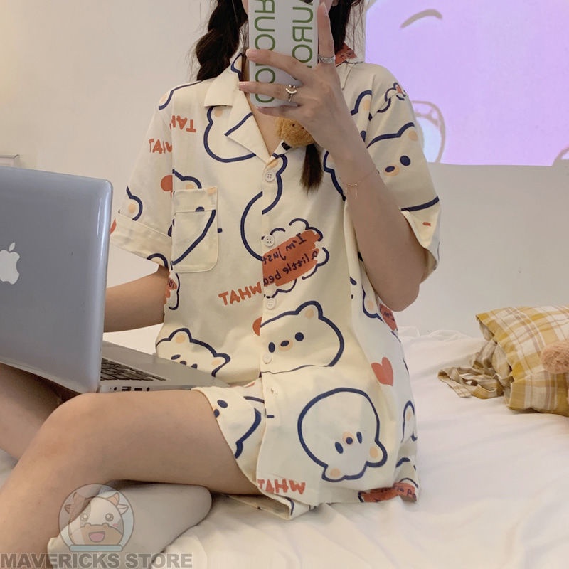 Bộ Đồ Ngủ Ngắn Tay Họa Tiết Gấu Hoạt Hình Đáng Yêu Thời Trang Mùa Hè Hàn Quốc