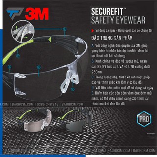 Kính bảo hộ 3M SF301AF chống bụi chống tia UV chống đọng sương chống trầy xước (màu đen và trắng)