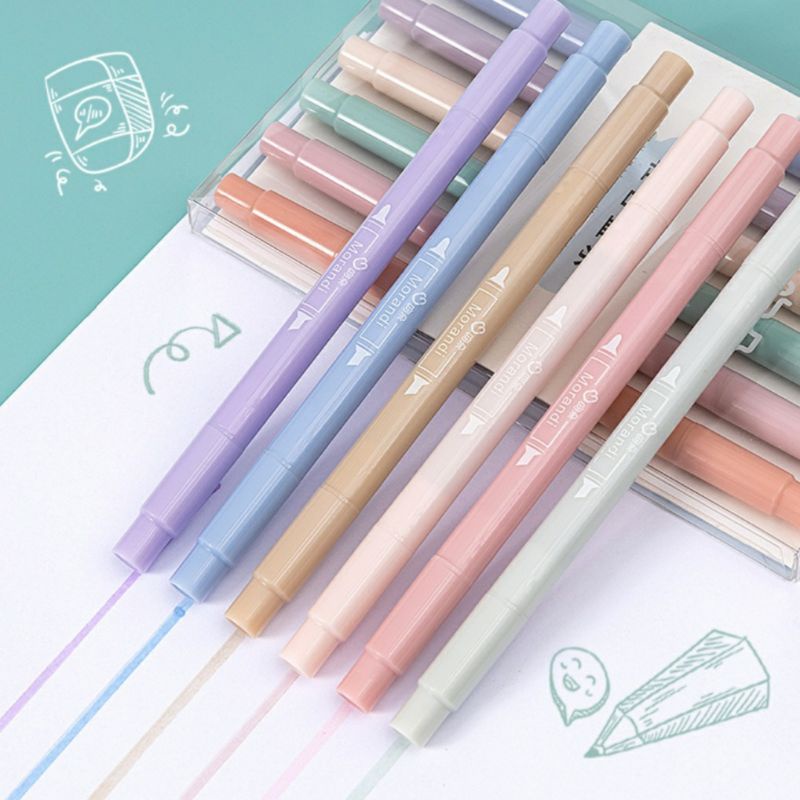 Set 6 Bút Dạ Quang, Bút Đánh Dấu Thân Bút Tròn 2 Đầu Màu Pastel Ngọt Ngào BiTi Store