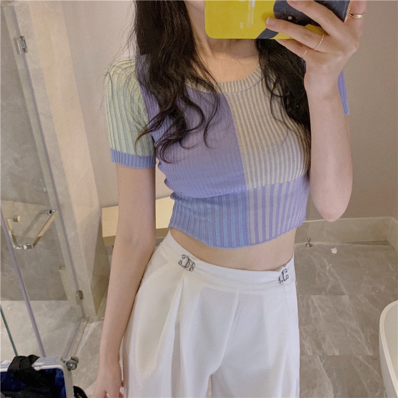 SUXI Summer fashion new striped short-sleeved knitted T-shirt