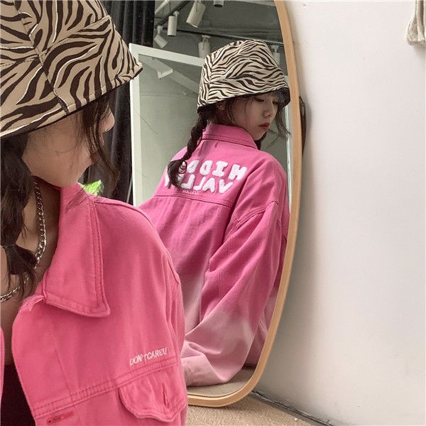 Áo khoác denim tay dài dáng rộng nhuộm màu gradient phong cách Hàn Quốc thời trang xuân thu cho nữ 2021