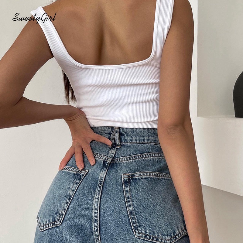 Áo tank top cổ vuông màu trơn chất liệu cotton thời trang cho nữ