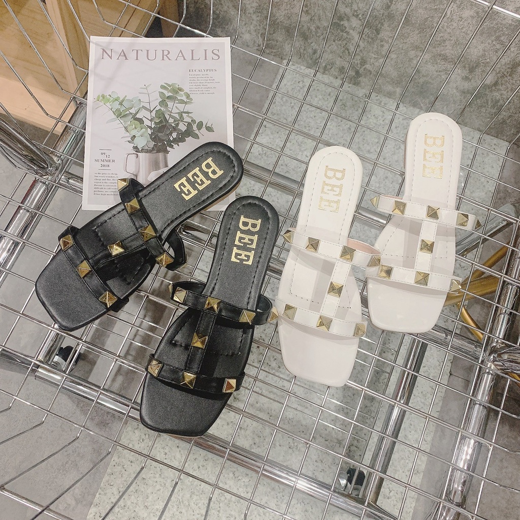 Dép quai ngang dây đinh phối kiểu mũi vuông đế bệt  -LAMLAM3456