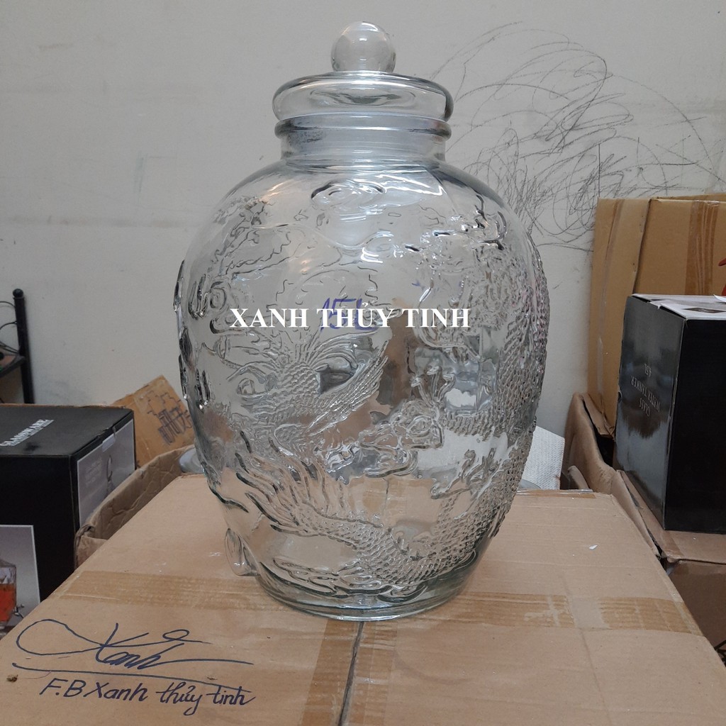Chum thủy tinh họa tiết rồng phượng, dày dặn - Dung tích - 15 lít