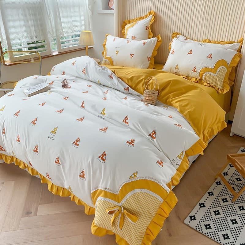 Trọn Bộ Chăn Ga Gối Cotton Đũi Bèo Nơ Cao Cấp - Chất Cotton Thêm Nhiều Họa Tiết Dễ Thương