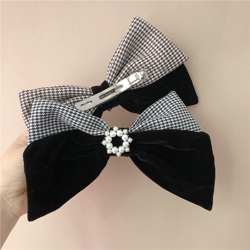 Kẹp Tóc Nơ Vải Nhung Đính Ngọc Trai Phong Cách Vintage