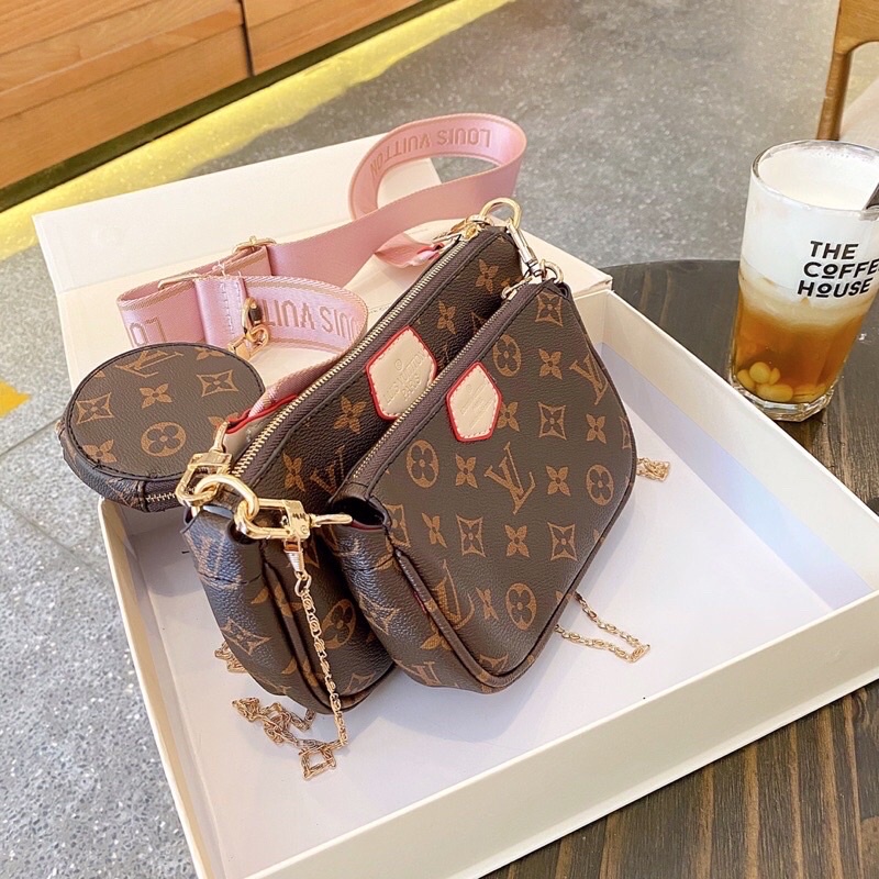 Set túi xách 3 món, combo túi đeo chéo L.V dây đeo canvas thêu chữ chất da mềm mịn bên trong lót dù hàng VNXK