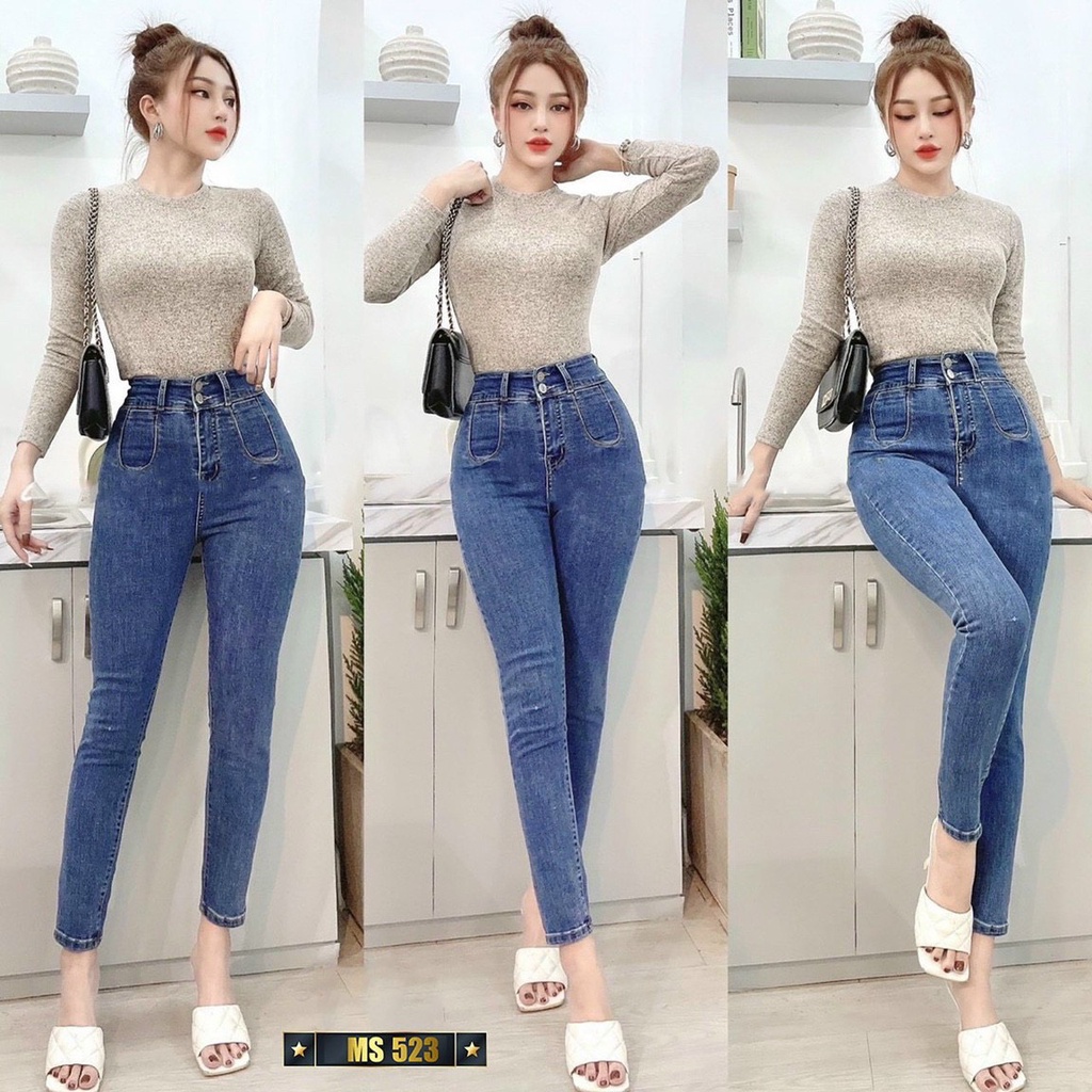 Quần jean nữ lưng cao, jean nữ màu xanh cao cấp thương hiệu MuradFashion MS22