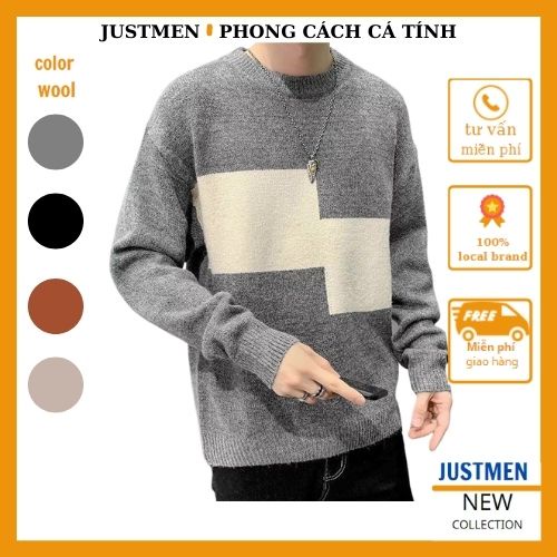 Áo len nam cao cấp dài tay cổ tròn phối ca rô phong cách Hàn Quốc - JUST MEN